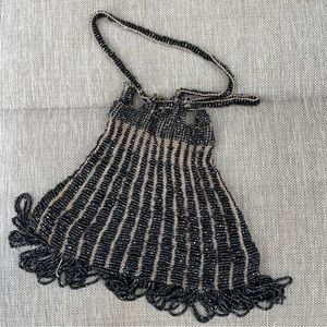 Vintage Charcoal Micro Bead Reticule Purse - Flapper Crochet Bag - Needs Repair